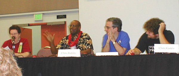 Friday Panel - Star Trek Trivia - Bjo Trimble (MC), Chris Barkley (winner), Jim Mann (runner-up), Chris Garcia (third place)